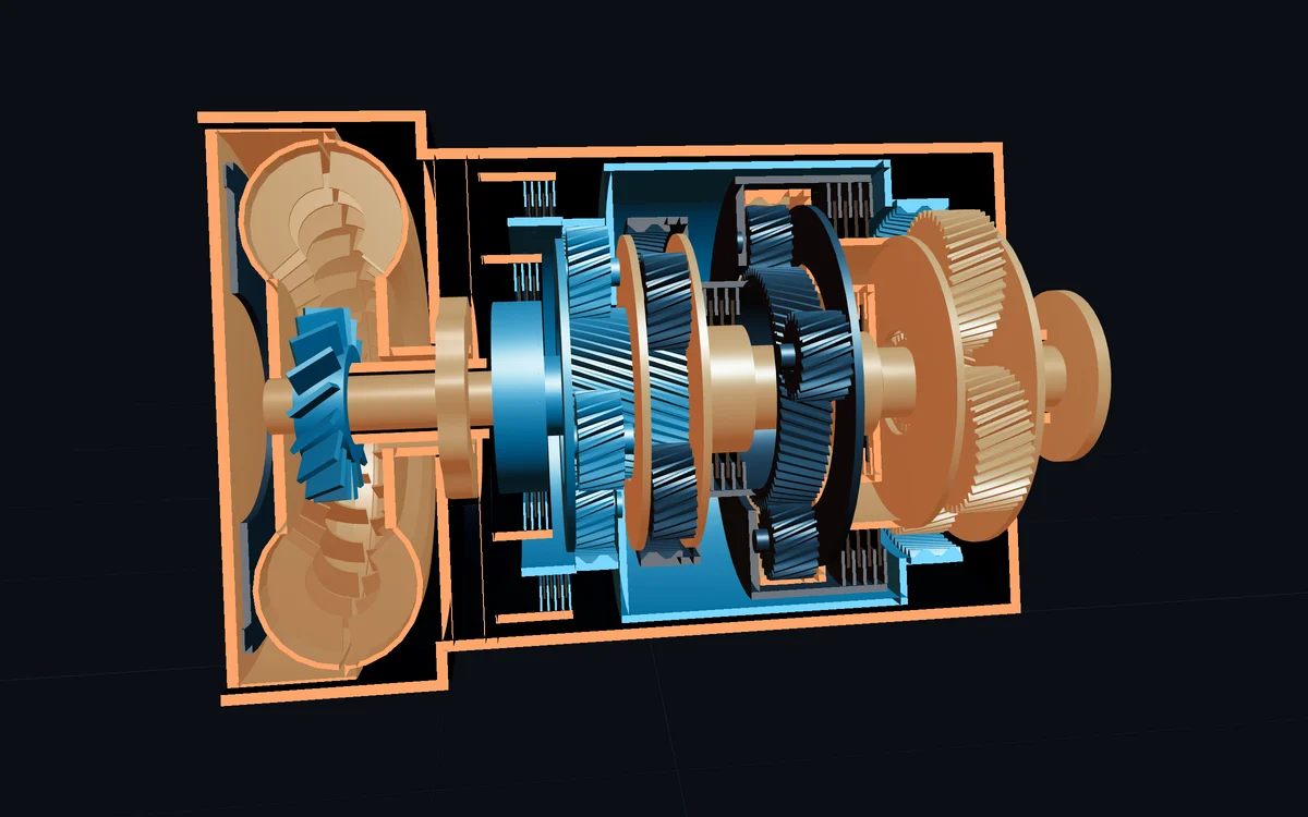 Cutaway 3D render of an eight-speed automatic gearbox pulling away in 1st gear: the torque converter and oil pump at the front, brakes A and B and planetary set 1 held still in cyan, the planets of sets 2 and 3 turning without load in dark steel, and the drive through the input shaft, clutch C, set 4 and the output shaft in orange.