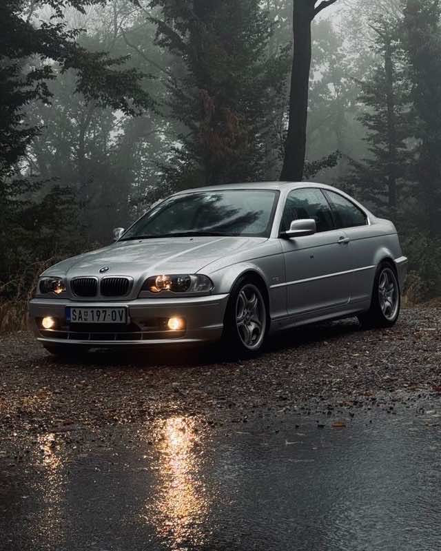 A silver BMW E46 coupe with its headlights on, parked on a wet road in misty woodland