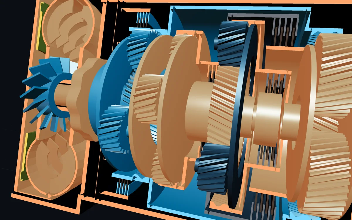 Close-up cutaway 3D render of an automatic gearbox's planetary set 2 in 2nd gear: its sun, held by brake A, in cyan, its planets, carrier and ring carrying the drive in orange, set 1 held in cyan beside it, the planets of set 3 turning without load in dark steel, and the lock-up clutch slipping in yellow.