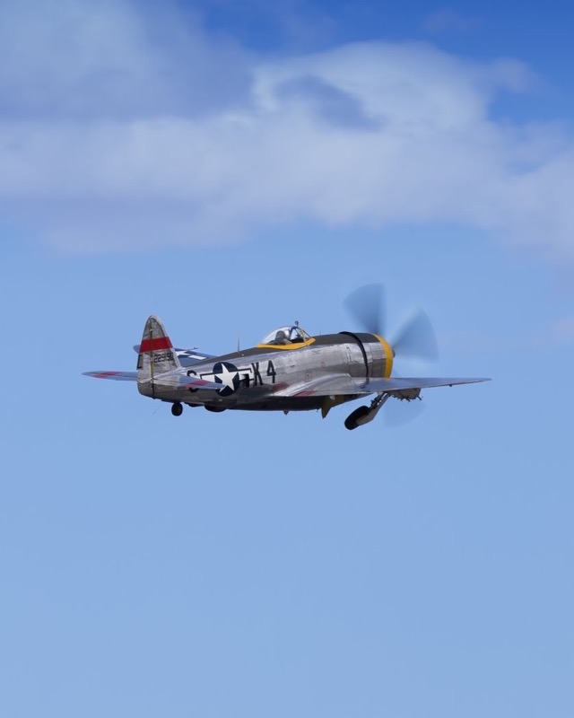 A bare-metal P-47 Thunderbolt in flight against a blue sky, propeller blurred, red band on the tail