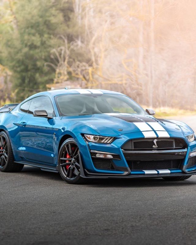 A blue Ford Mustang Shelby GT500 with white racing stripes parked on a road beside bare winter trees