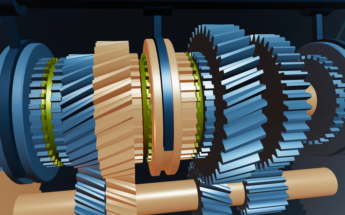 Close-up 3D render of the 1st–2nd synchromesh unit: the 2nd-gear pair, the sliding sleeve on its hub, a brass blocker ring against the gear's cone, the gear's dog teeth and the shift fork riding in the sleeve's groove.