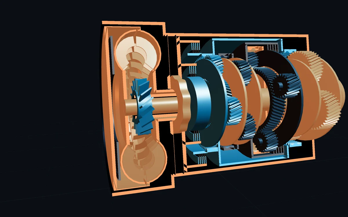 Cutaway 3D render of an automatic gearbox's torque converter while pulling away in 1st gear: the engine-driven impeller and the turbine in orange, the stator held still in cyan between them while the converter multiplies torque, the open lock-up clutch inside the cover, and the oil pump behind.