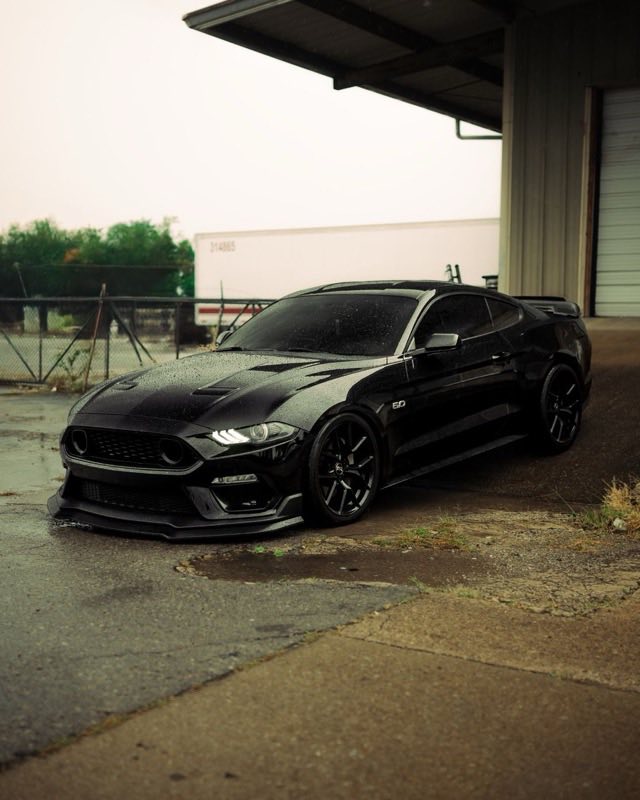 A black Ford Mustang GT on wet concrete beside a metal warehouse, a 5.0 badge on the front fender