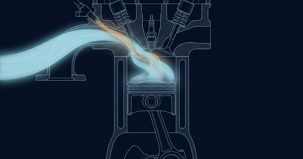 Cutaway of a gasoline engine cylinder on the intake stroke with the air and fuel charge drawn as two streams meeting in the port, scaled 14.7 parts air to 1 part fuel