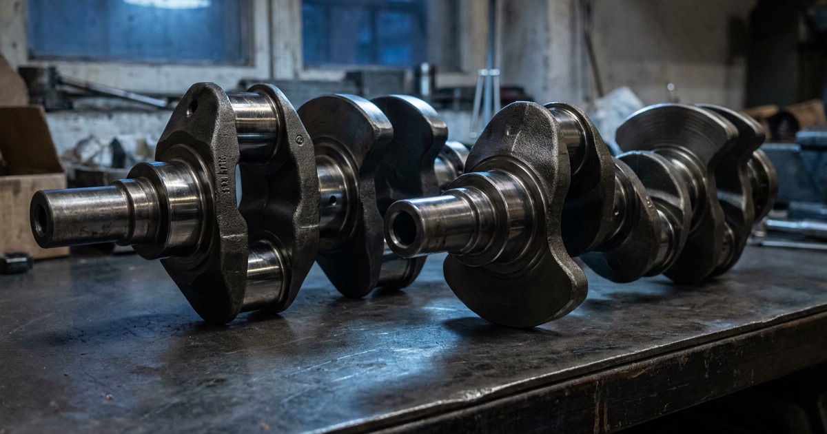 Two bare V8 crankshafts lying end to end on a dark steel workshop bench under a single lamp, their crankpin throws set at visibly different angles, with polished bearing journals catching the light and a blue evening window behind