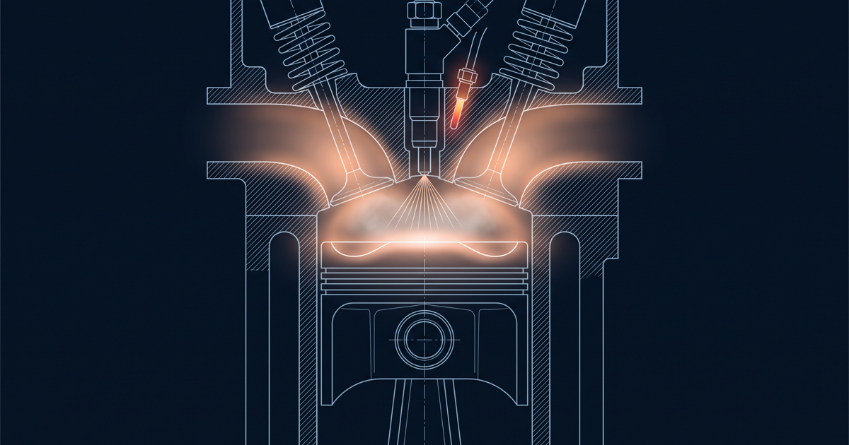 Cutaway of a diesel cylinder at top dead center with the injector spraying into glowing compressed air and a glow plug beside it, and no spark plug
