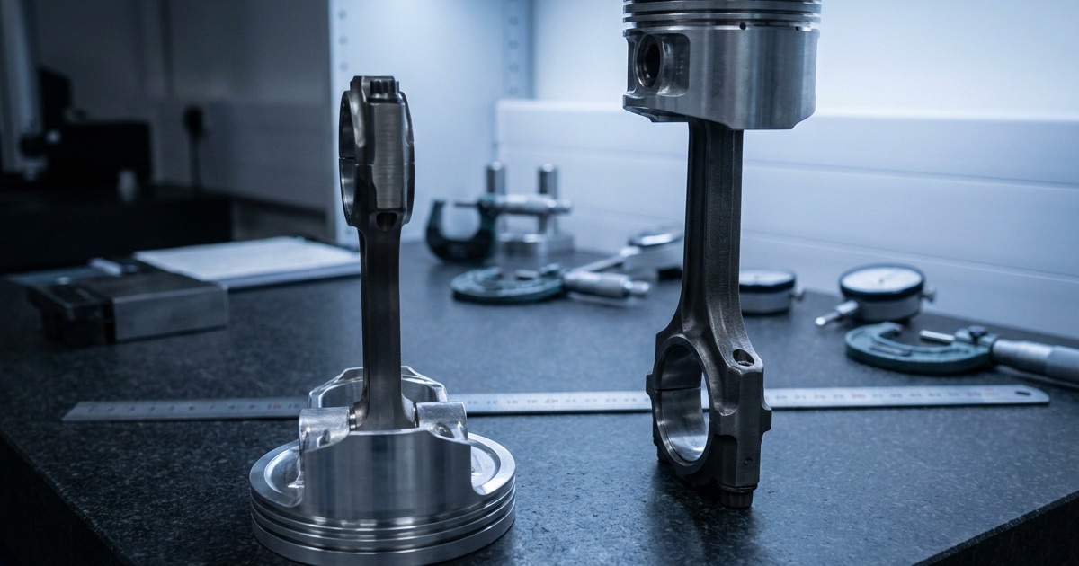 Two piston and connecting rod assemblies standing upright on a granite inspection plate: on the left a wide, shallow racing piston on a short rod, on the right a much taller road-car piston on a long rod, with micrometers and dial gauges out of focus behind