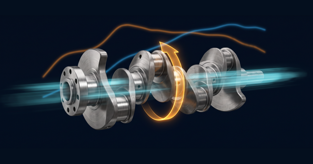 A crankshaft with a torque arrow wrapped around it and a speed arrow along it, the two multiplying into a horsepower figure above a dyno chart