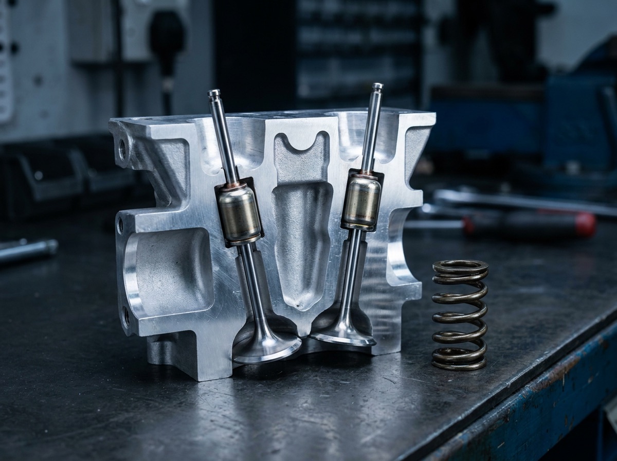 Cutaway aluminium cylinder head on a workshop bench showing two valves fitted with sealed pneumatic spring cartridges around their stems, with an ordinary coil valve spring from a road engine standing beside it for comparison