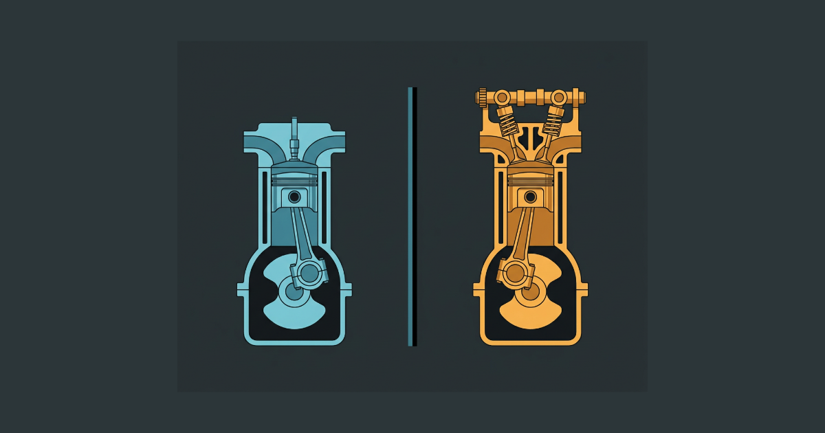Two engine cylinder cutaways side by side, split down the centre. On the left, in cyan, a two-stroke with no valves and a port cut into the cylinder wall. On the right, in amber, a four-stroke of the same size with a cylinder head carrying two poppet valves and a camshaft above.