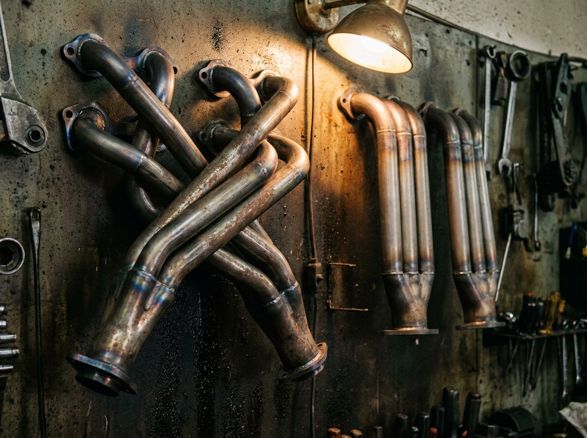 Two V8 exhaust header sets hanging on a workshop wall under a lamp: on the left long equal-length tubes woven over each other in a bundle-of-snakes pattern, on the right a pair of short headers with straight, evenly spaced tubes